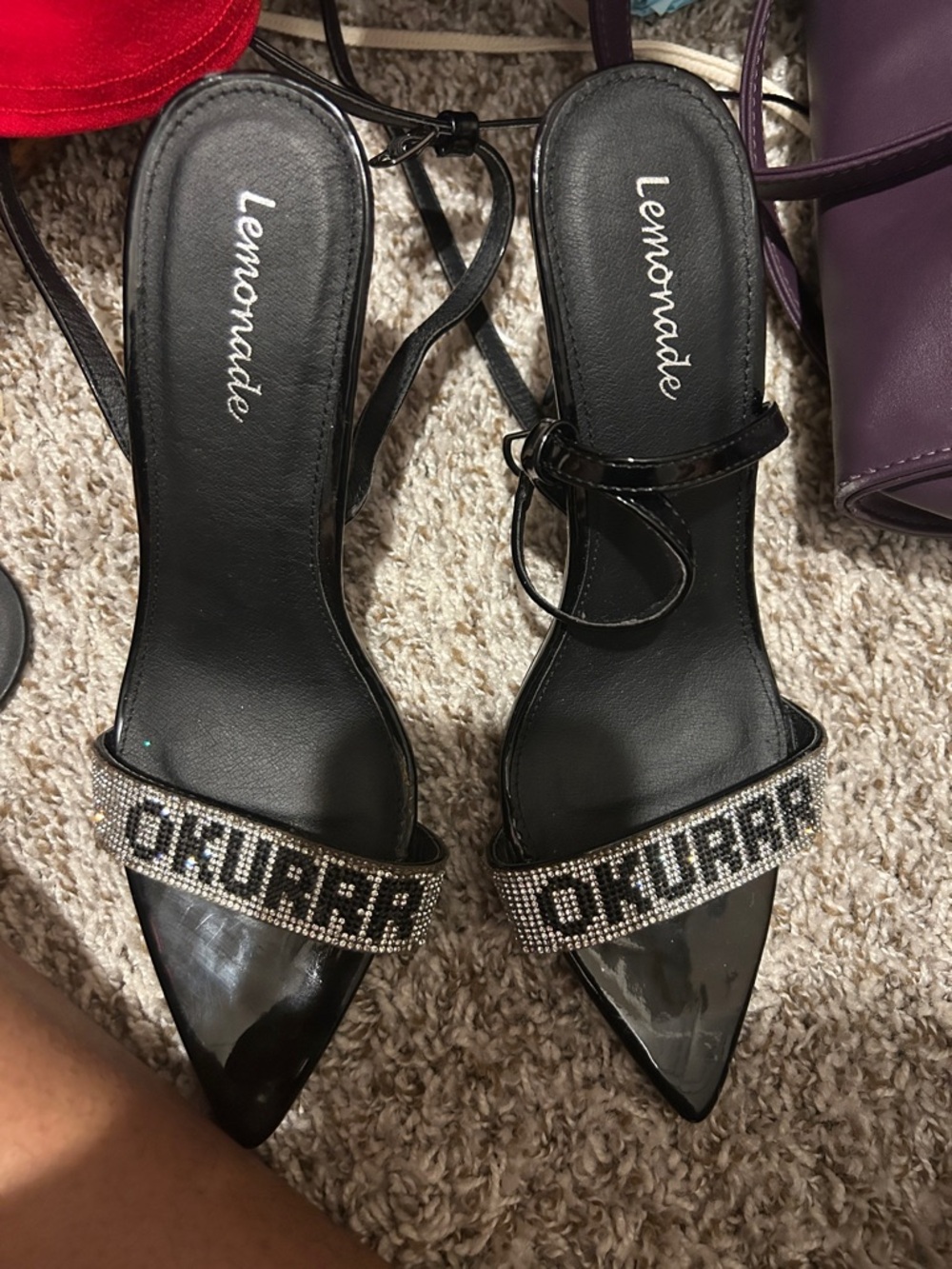 Lemon Black Pointed-Toe Heels with Crystal Lettered Straps